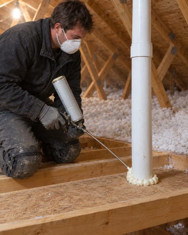 A worker foaming around a vent pipe where it passes through the attic floor