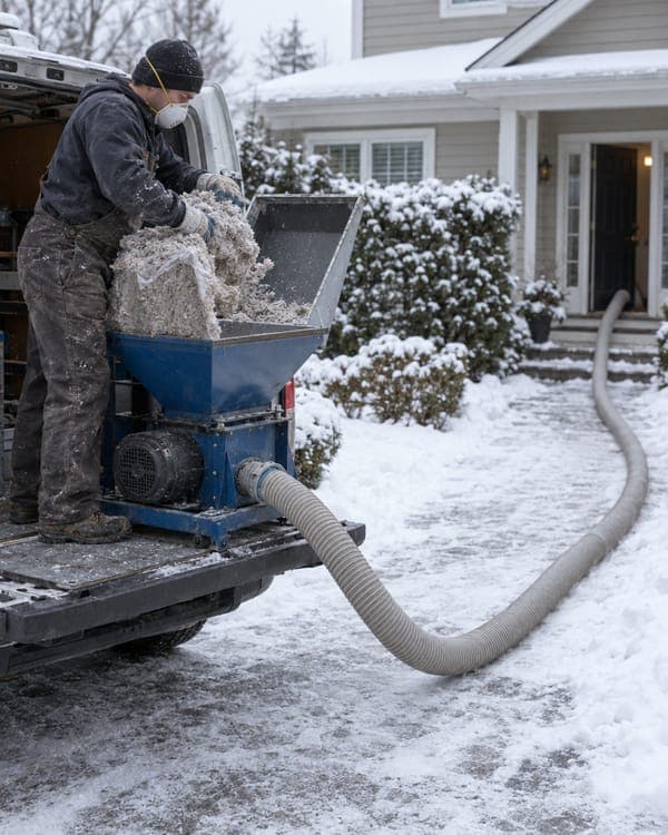 An insulation blowing machine being loaded on a snowy driveway