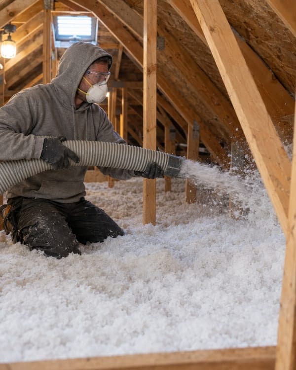 A technician blowing loose fill insulation between attic trusses