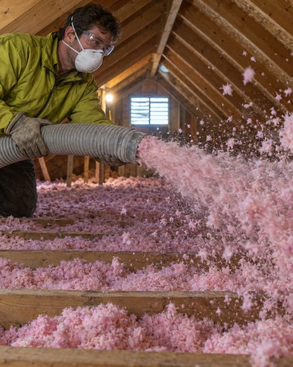 Loose fill insulation being blown across the joists of an attic
