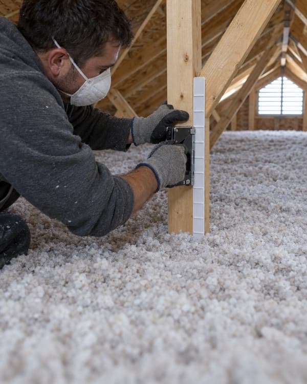 A depth marker being stapled to a truss in finished insulation