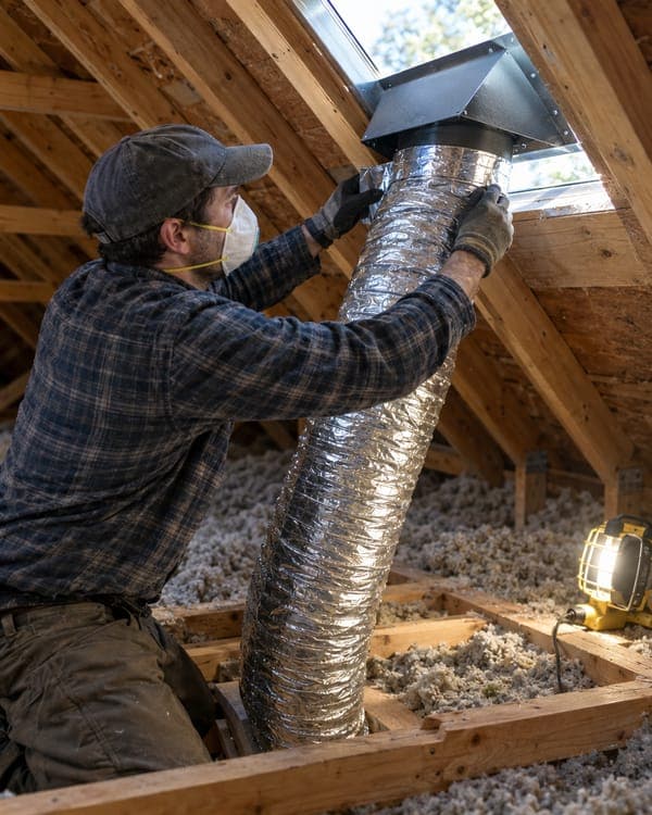 A bathroom exhaust duct being connected to a roof vent
