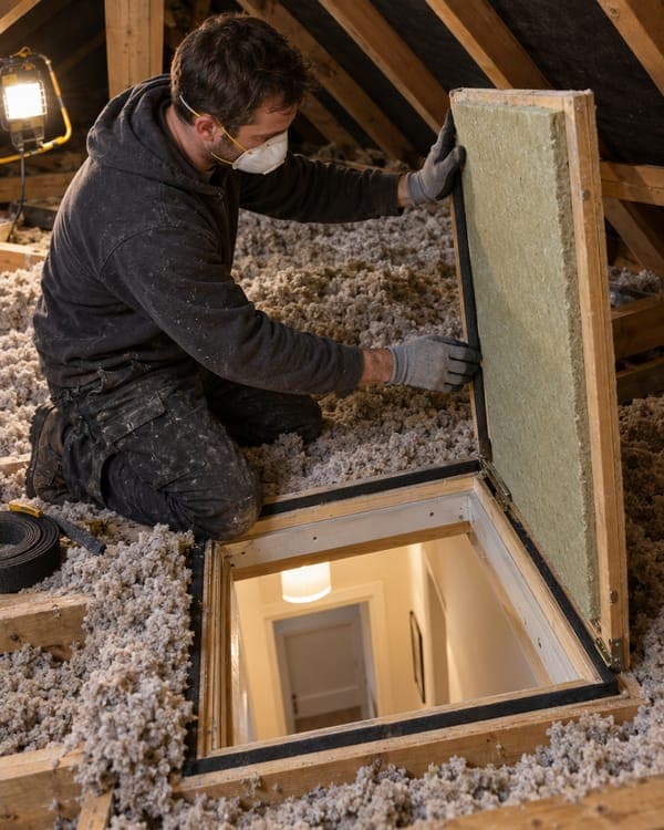 An insulated attic hatch cover being fitted and weatherstripped