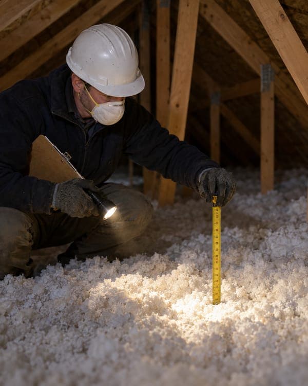 A technician measuring the depth of blown in attic insulation