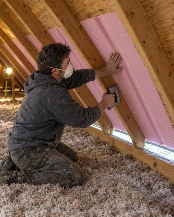 A worker fitting a rigid foam rafter vent baffle between the roof rafters